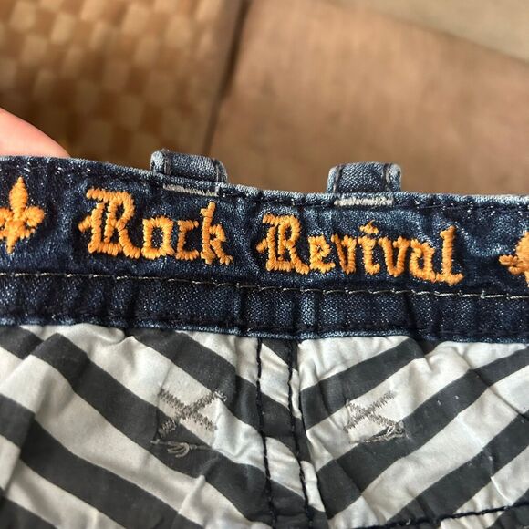 Rock Revival Fermin Jeans Mens 34x31 Blue Denin Distressed Leather Patch Stitch - Picture 11 of 16